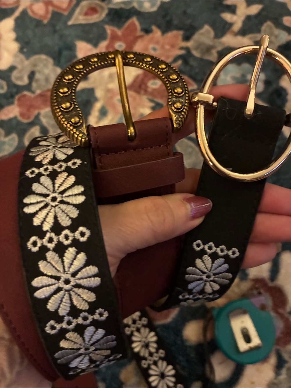 Women’s Floral Embroidered & Solid Faux-Leather Belt Set - Burgundy & Black